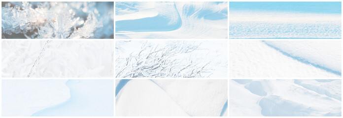 Wall Mural - Set of snow textures. A collection of light winter backgrounds including: smooth clean white snow, wind sculpted patterns on the snowy ground, branches of trees and bushes covered with snow and frost.