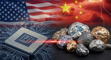United states and china flags with chip and minerals representing trade war