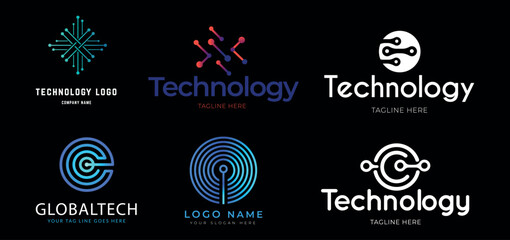 Collection of technology connection logo. Circuit technology logo, Global tech logo design illustration