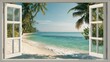 © HPMP Studio - Open Window Overlooking a Tropical Beach with Palm Trees and Turquoise Water