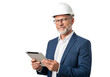 © Juwel_AI Designer - Experienced construction engineer in hard hat using a tablet to oversee the project on transparent background