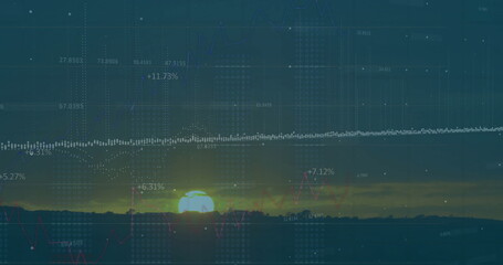 Poster - Rising sun disk glowing above mountain ridge silhouette at dusk, with financial data overlays
