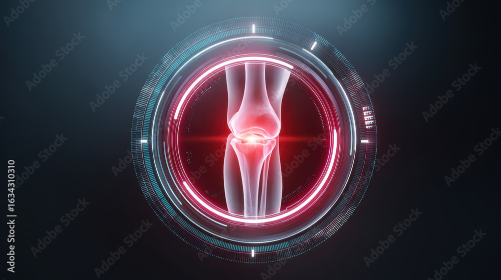 Hologram of human knee joint with red pain indicator. futuristic ...