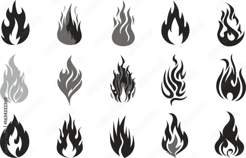 A diverse set of isolated fire flame icons in black and white. Stylized vector silhouettes representing heat, energy, and burning concepts.
