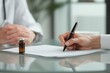 © km - Doctor consultation for medical prescription with vaccine vial and patient signing paperwork in office