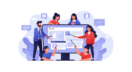 A team of business professionals collaborating and presenting a digital interface on a large screen.