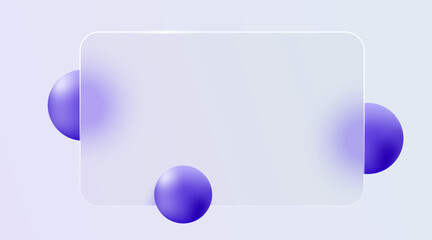 Website landing page template in glass morphism style. Frosted glass partition with floating spheres. Vector illustration