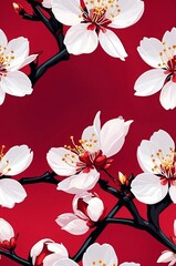 Wall Mural - Cherry Blossoms on red background cartoonish seamless pattern