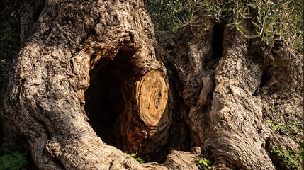 Close up of a textured tree trunk with a hollowed out section