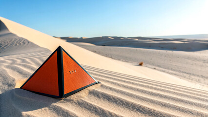 Orange and black pyramid on sand dune under blue sky