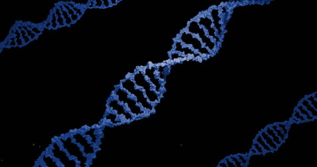 Poster - Spinning central DNA helix floating in molecular space, with glowing particle specks, blue strands