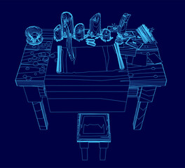 Poster - Vintage wooden table blueprint with detailed contour lines, featuring various objects arranged on top. The design showcases precise measurements and a classic aesthetic against a soft blue background.