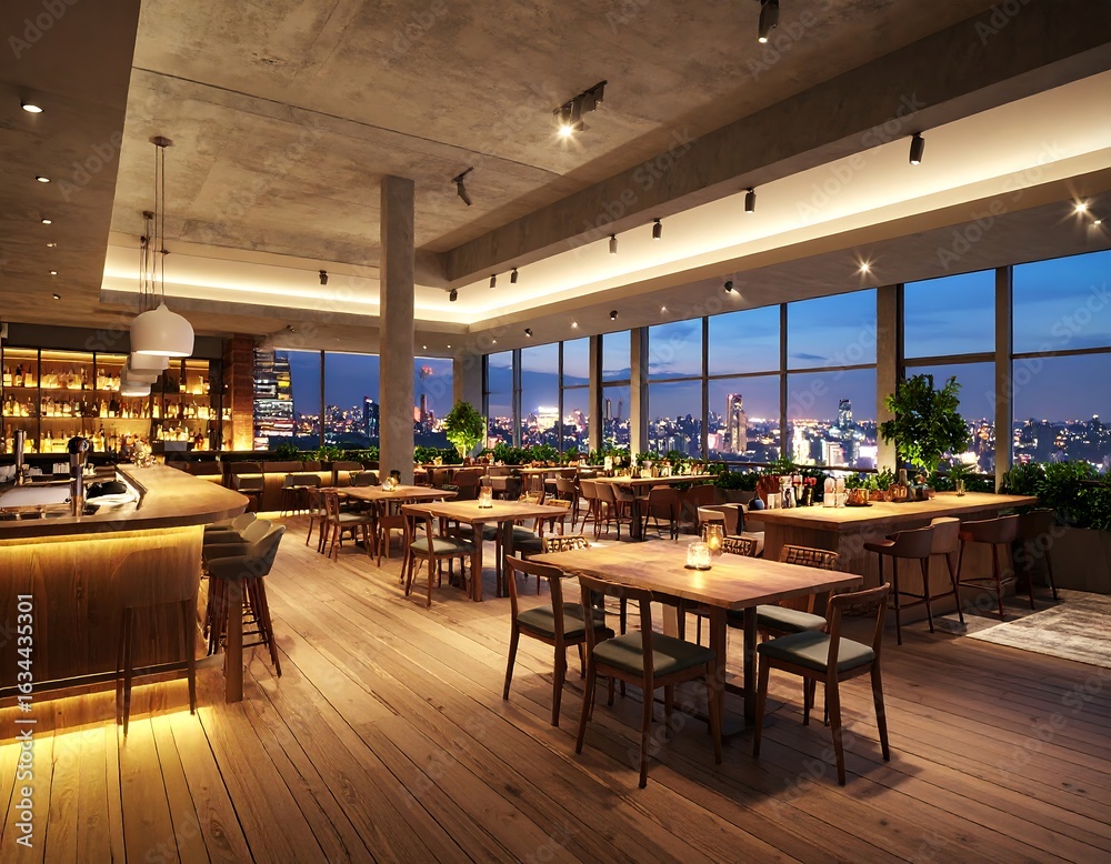 Elegant rooftop restaurant with city skyline view offers dining ...