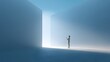 © MhaJaiD - One person standing in a vast bright blue abstract architectural space looking towards a vertical light source