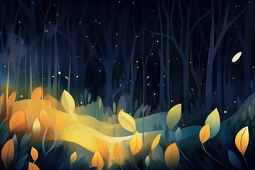 Wall Mural - fireflies in woodland at night backgrounds abstract outdoors.