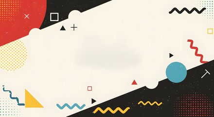 Poster - An abstract background featuring geometric shapes including circles, squares, triangles, zigzags, and plus signs in various colors on a light background.