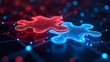 © EPICreation - Two glowing red and blue digital jigsaw puzzle pieces connecting, isolated on futuristic data network background - technology, business partnership, collaboration, teamwork, synergy, problem solving