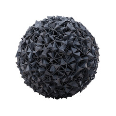 A dark gray sphere composed of densely packed, tiny triangular facets, creating a complex, geometric texture