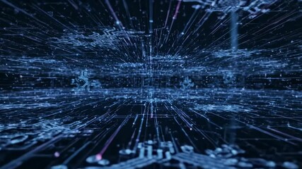 A dark bluetoned digital landscape featuring circuit board patterns extending into the distance