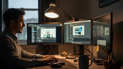 Person working on computers in home office