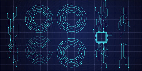 Wall Mural - Circuit board circle line dots connection set .Futuristic ui Motherboard electronic technology data, electrical board, cpu. Programming science, computer system elements