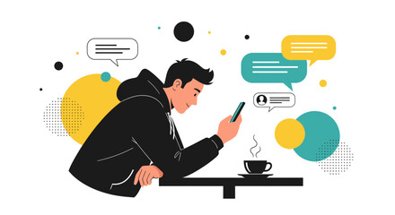 man using smartphone with speech bubbles and coffee cup against abstract background