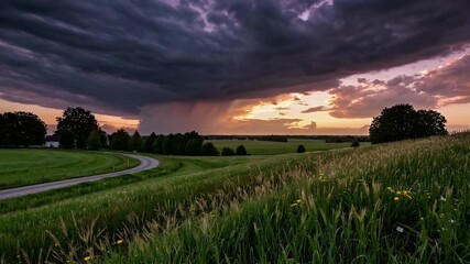 Wall Mural - dramatic timelapse of a vibrant spring sunrise over green meadows and rural roads with an approaching storm hinting at nature’s unpredictable beauty captured in stunning 4k resolution