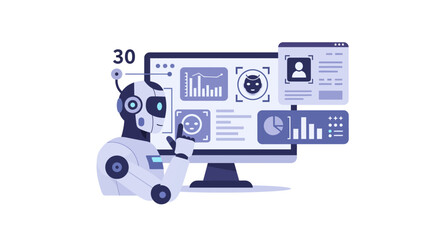 Artificial intelligence robot analyzing complex user data on a futuristic computer interface dashboard