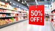 © Melisa - Striking red discount tag highlights fifty percent savings amidst the blurred shelves of a retail space.