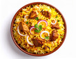 © Bayu - Chicken Biryani Delight: Aromatic Rice Dish with Onion Rings and Cilantro Garnish