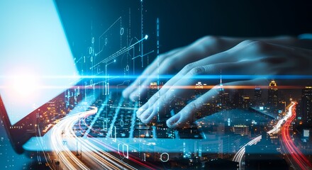 Hands typing on laptop with city overlay digital illustration