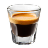 A rich shot of espresso coffee with golden crema in a clear glass