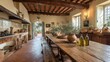 © Sarunya - Tuscan farmhouse with a long wooden dining table, terracotta floors, and olive oil bottles