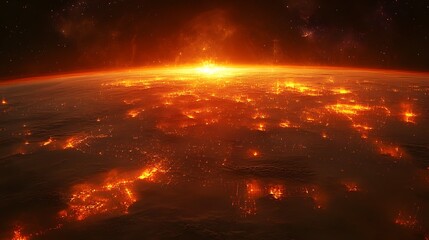 Wall Mural - Planet surface with bright lights and horizon glow against a dark space background.