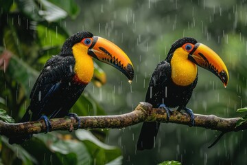 Toucan sitting on the branch in the forest, green vegetation, Costa Rica. Nature travel in central America. Two Keel-billed Toucan, Ramphastos sulfuratus, pair of bird with big bill. Wildlife