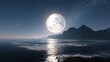 © Hafizh - Vast ocean under a full moonlit sky, with majestic mountains