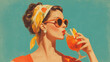 © LucyJ - Bold mid century MCM commercial style image of a woman enjoying Aprerol spritz, copy space,  wide horizontal landscape format with copy space 16:9