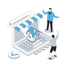 Wall Mural - real estate 3d isometric concept with isometry people design for web. man searching new house online