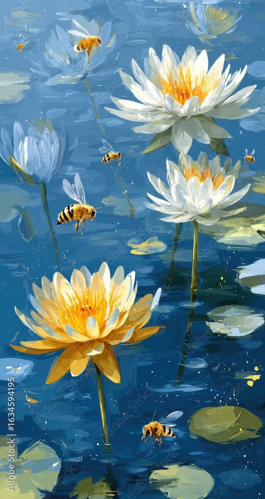 Water lilies and buzzing bees in a serene blue pond Stock Photo | Adobe ...