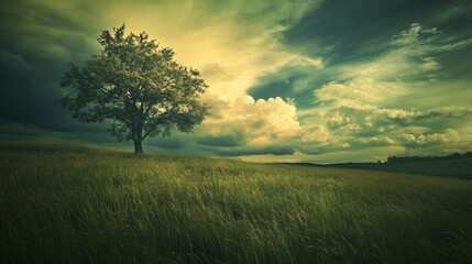 Wall Mural - green field and blue sky. field and clouds