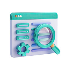 3d icon of a website being analyzed with a magnifying glass. light teal colored web browser window w