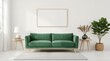 © Topa Studio - Home interior mock-up with green sofa, wooden table and trendy decoration in white bright living room, 3d render