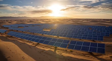 array of solar panels stretches across a vast desert landscape, harnessing sunlight at sunset.