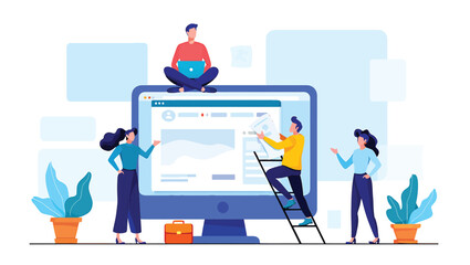 Creative team collaborating on web design and development, flat vector illustration