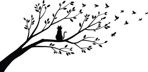 silhouette cat on tree branch with flying birds, nature vector, peaceful wildlife scene, black illus