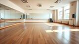 햇살이 들어오는 댄스 연습실 ,벽에는 거울이 붙어있고 노래 스피커가 있다, 나무바닥Dance practice room with sunlight, there is a mirror attached to the wall and there is a singing speaker, wooden floor