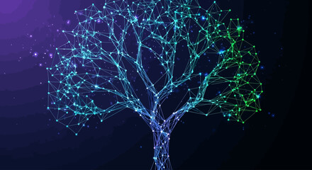 Abstract digital tree with interconnected nodes, transitioning from blue to green against a dark purple and black gradient background.