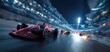 © artwiyanastudio - Red Formula 1 race car leads pack at night, blurred motion showing speed and bright track lights