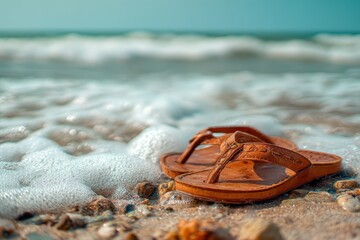 Wall Mural - Stylish brown leather sandals resting on the sandy beach with waves gently lapping around them in a vibrant coastal setting during sunny daylight