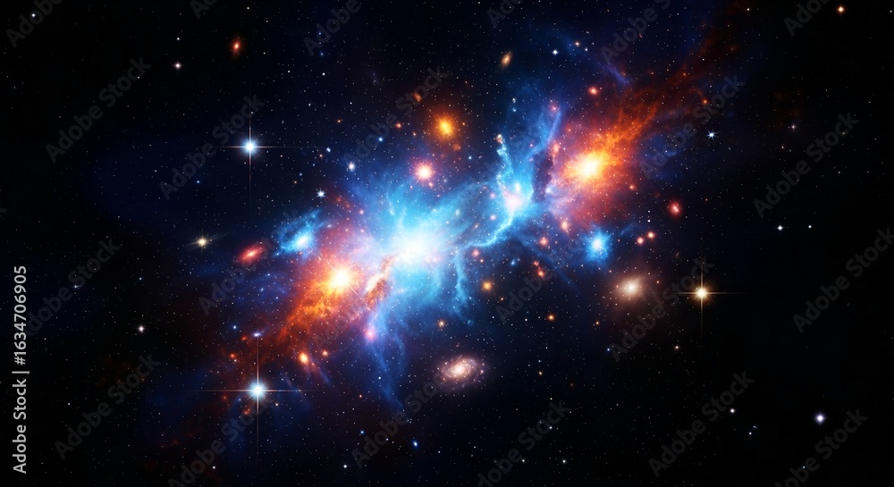 Vibrant blue and orange nebula with glowing stars in dark cosmos space ...